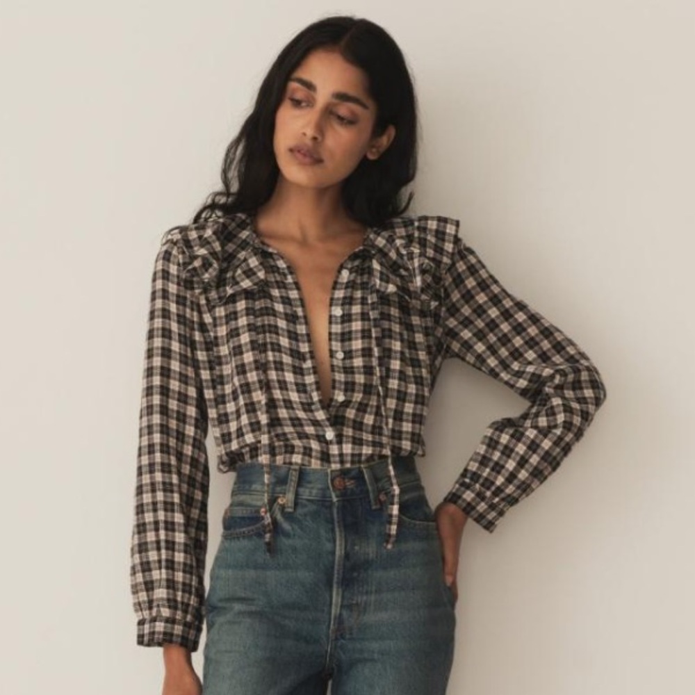 Doen Joelle Top Navy Countryside Plaid Sz M